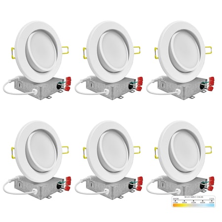 Round Recessed LED Ceiling Light, 6 In Adjustable, 12 W, Dimmable, White Trim, PK 6